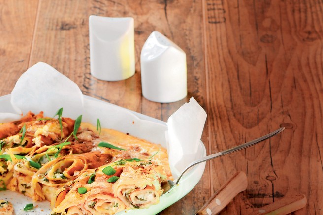 Gratinirane palačinke s špinačo in smetano