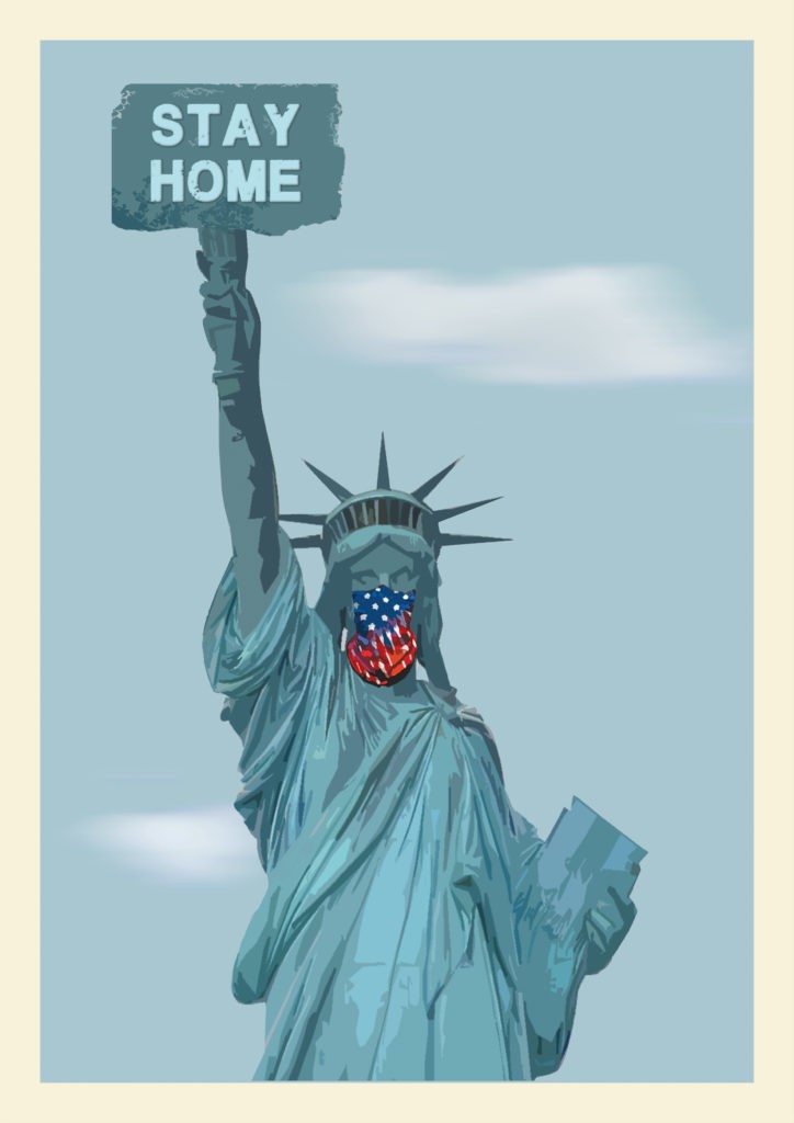 Kip svobode z masko v ameriških barvah je za plakat ustvaril umetnik z imenom Too Late.