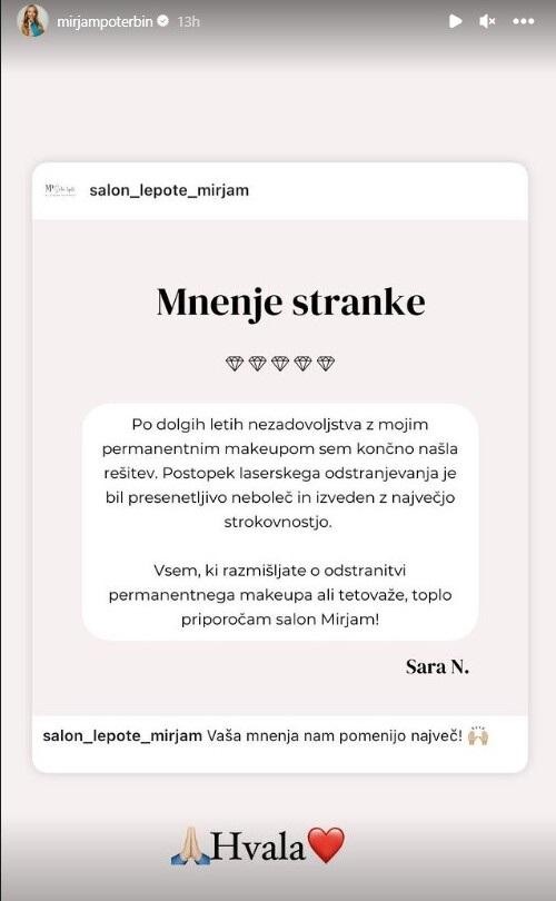 Mirjam je na svojem instagram profilu delila mnenje svoje zadovoljne stranke. "Po dolgih letih nezadovoljstva z mojim permanentnim makeupom, sem …