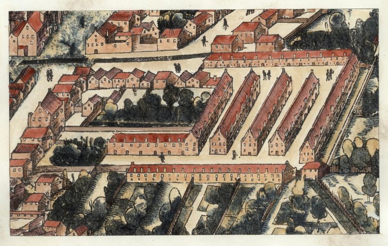 Detajl z zemljevida Augsburga - Fuggerei. Lesorez Hansa Weiditza po risbi Georga Selda.