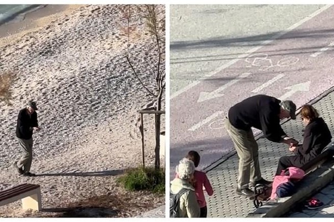 Starejši par, ki se nahaja ob plaži.